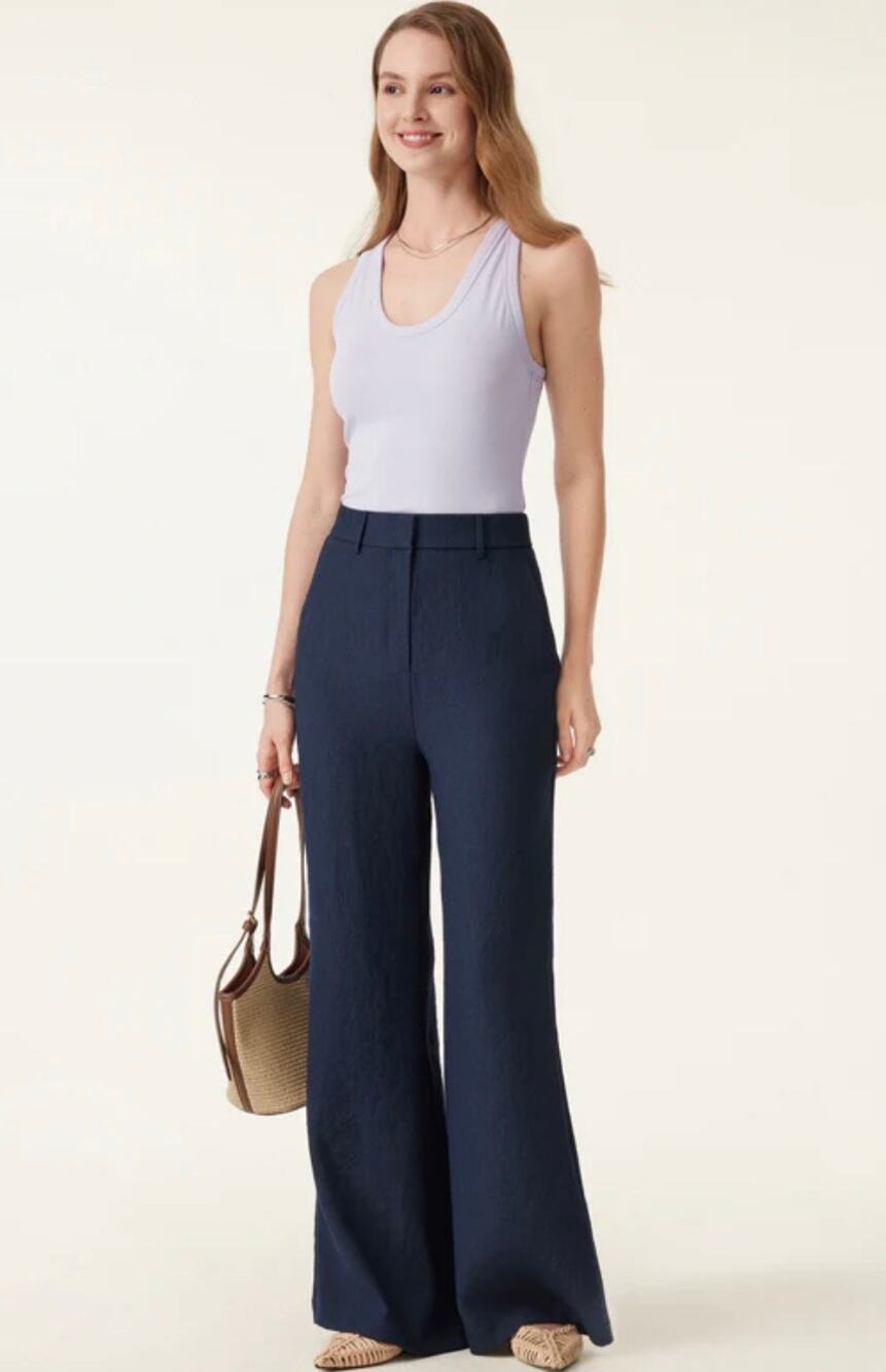 OGL European Linen Like Mid Rise Flared Pant with Pockets Navy M NEW